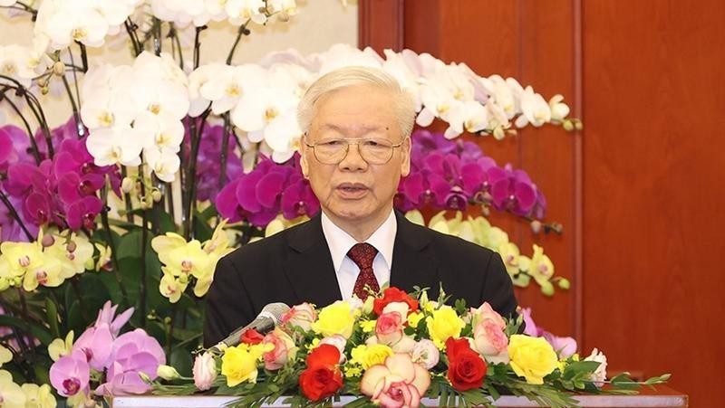 Tổng Bí thư Nguyễn Phú Trọng, Bí thư Quân ủy Trung ương phát biểu tại buổi gặp mặt các đại biểu Đại hội Đoàn Thanh niên Cộng sản Hồ Chí Minh Quân đội lần thứ X