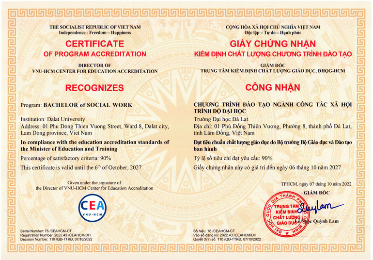 Giấy chứng nhận Kiểm định chất lượng chương trình đào tạo ngành Công tác xã hội trình độ đại học 