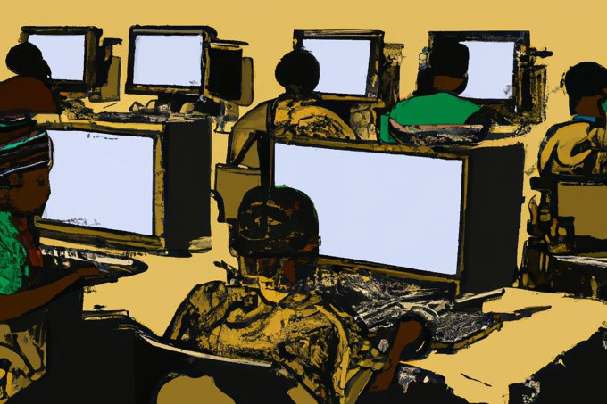 Hình ảnh công nhân châu Phi làm việc trước màn hình máy tính được trí tuệ nhân tạo của OpenAI vẽ lại. Minh họa: Time