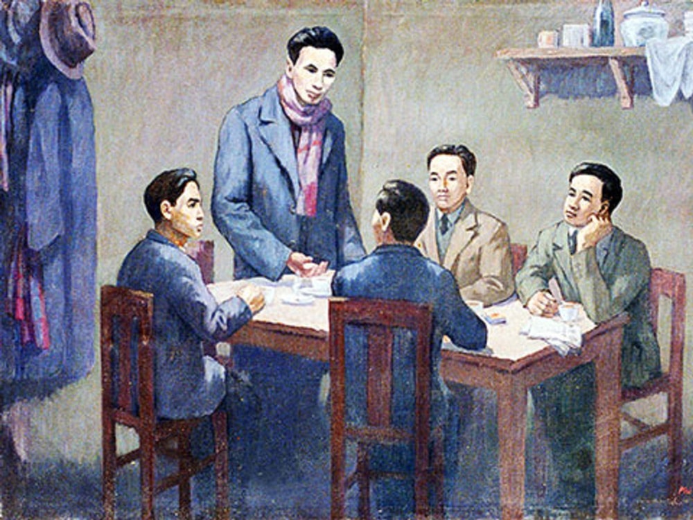 Chủ tịch Hồ Chí Minh (người đứng), người sáng lập Đảng Cộng sản Việt Nam. Tranh minh họa Hội nghị thành lập Đảng vào mùa xuân năm 1930 của họa sĩ Phi Hoanh tại Bảo tàng Lịch sử Cách mạng Việt Nam