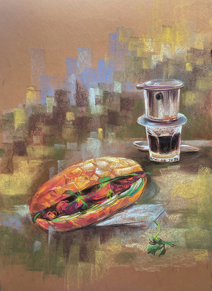 Bữa sáng quen thuộc của đông đảo người Sài Gòn - một ổ bánh mì nhân thịt và ly cà phê sữa. Bộ sưu tập gồm 30 tranh với chất liệu sơn dầu, màu nước, pastel (phấn tiên), chì than.
