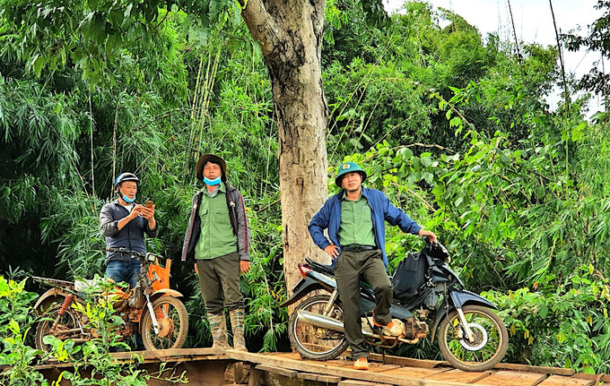 Ông Nguyễn Ngọc Bình (ngoài cùng bên phải), Chủ tịch Công ty TNHH MTV Lâm nghiệp Nam Tây Nguyên cùng các nhân viên bản vệ rừng chuẩn bị đi tuần tra rừng. Ảnh: Hồng Thuỷ.