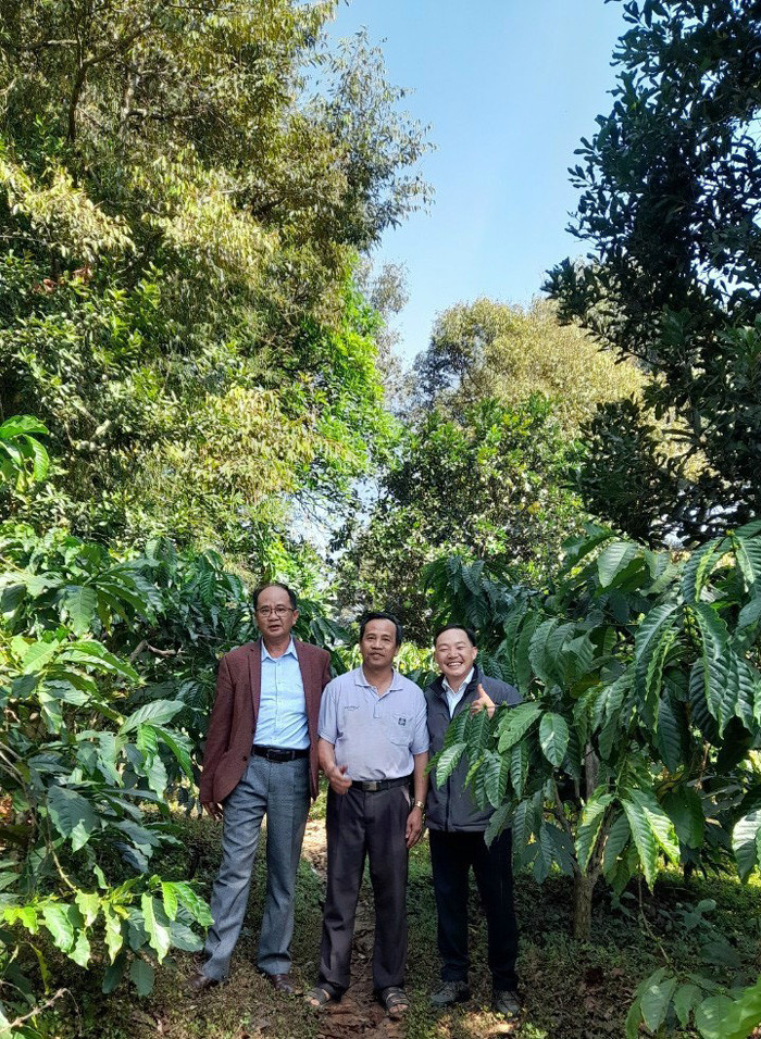 Khu vườn 1 ha cà phê cảnh quan của nhà nông Trịnh Tấn Vinh ở xã Đinh Lạc, huyện Di Linh với nhiều tầng cây cộng sinh xanh tốt, mang về lợi nhuận ổn định hàng năm