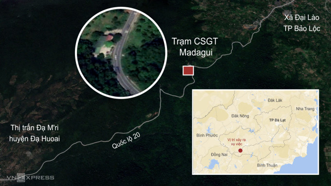 Vị trí trạm CSGT Madagui trên đèo Bảo Lộc. Đồ họa: Thanh Huyền