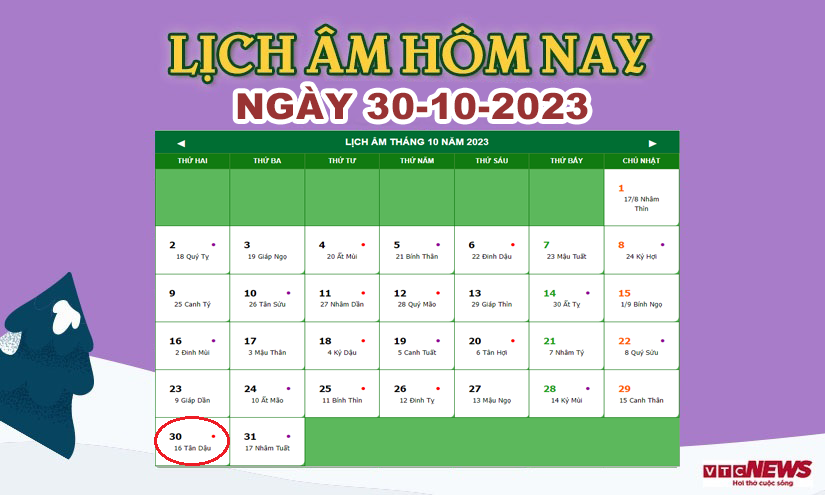 Lịch âm 30/10 - Âm lịch hôm nay thứ hai ngày 30/10 chính xác nhất - lịch vạn niên 2023