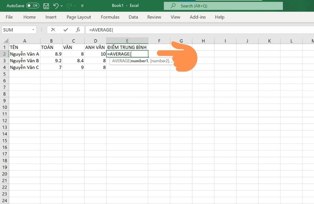 Sử dụng hàm Average để tính điểm trung bình trong Excel - bước 1