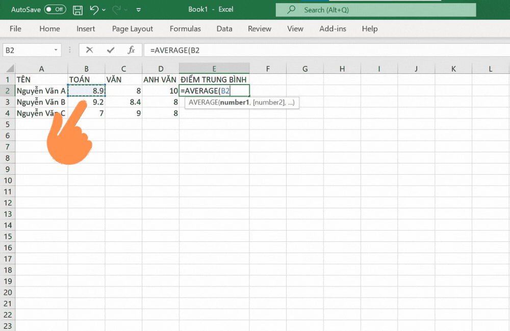 Sử dụng hàm Average để tính điểm trung bình trong Excel - bước 2