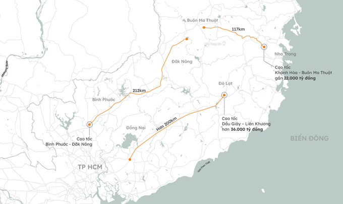 Hướng tuyến của ba dự án cao tốc được nghiên cứu ở Tây Nguyên. Đồ họa: Khánh Hoàng