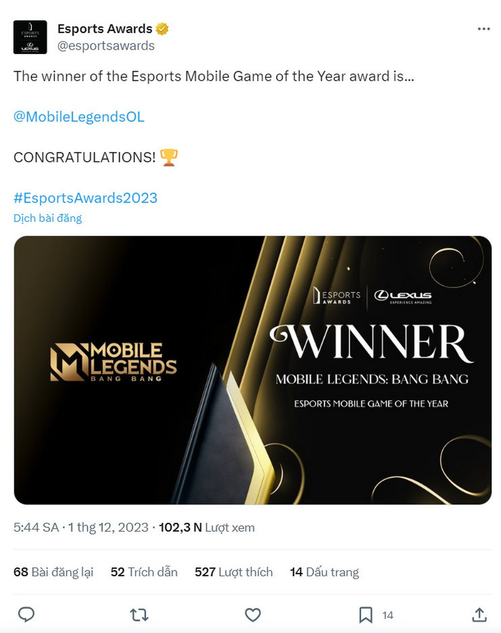 Mobile Legends bất ngờ giành giải The Esports Mobile Game of the Year