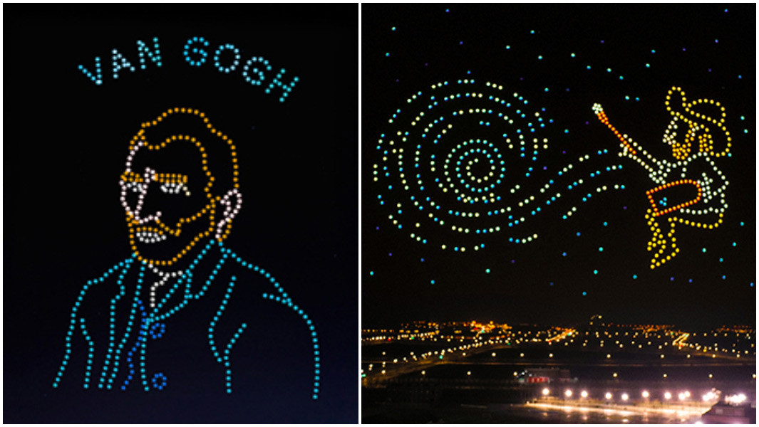 Xem 600 chiếc drone 'vẽ' cuộc đời danh hoạ Van Gogh trên trời đêm | baotintuc.vn