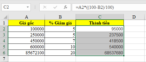 Cách tính thành tiền sau giảm giá nhanh và chuẩn bằng Excel