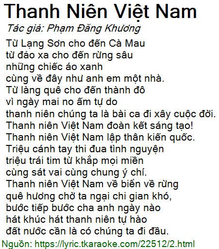Lời bài hát Thanh Niên Việt Nam (Phạm Đăng Khương) [có nhạc nghe][Có Karaoke]