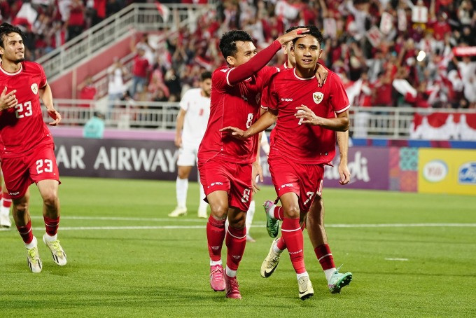 Cầu thủ Indonesia mừng trong trận thắng Jordan 4-1 ở lượt cuối bảng A U23 châu Á 2024. Ảnh: PSSI