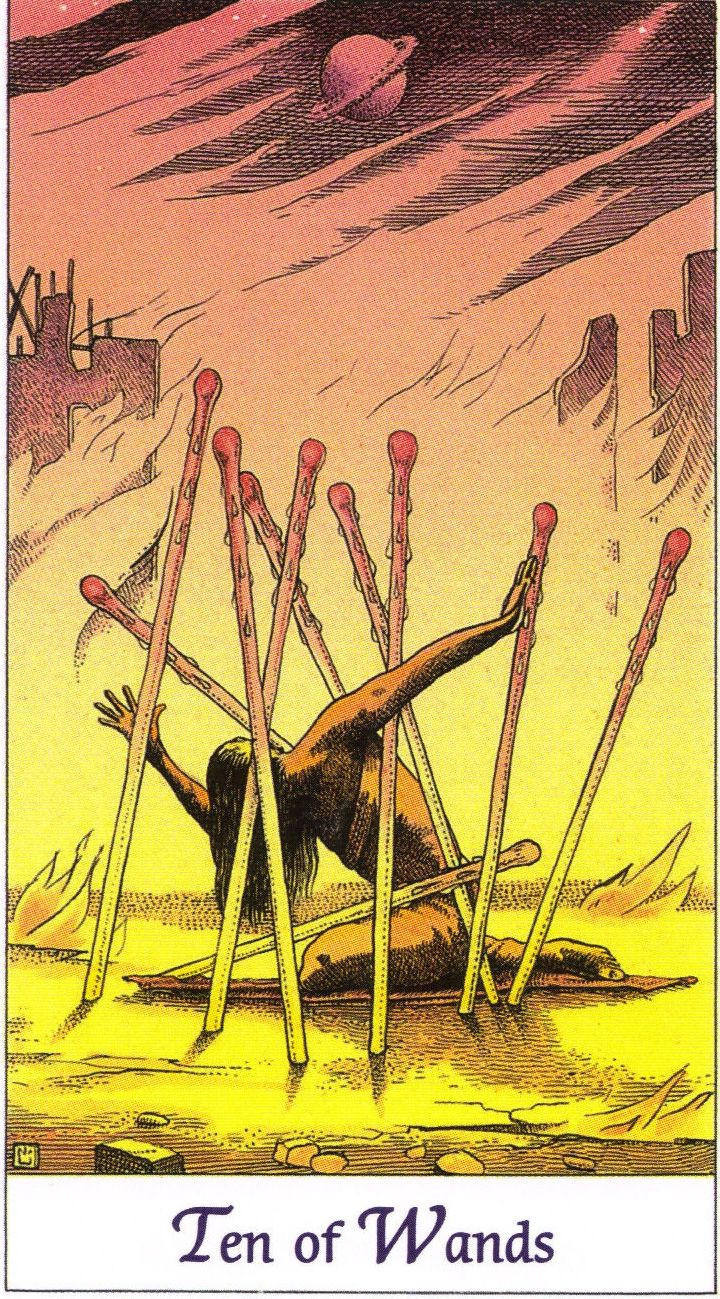 Ten of Wands | Cosmic Tarot by Norbert Lösche | The world burns; a person sinks into the flames. Meaning: fulfilling of great wishes, new standard of life. Rev… | 絵
