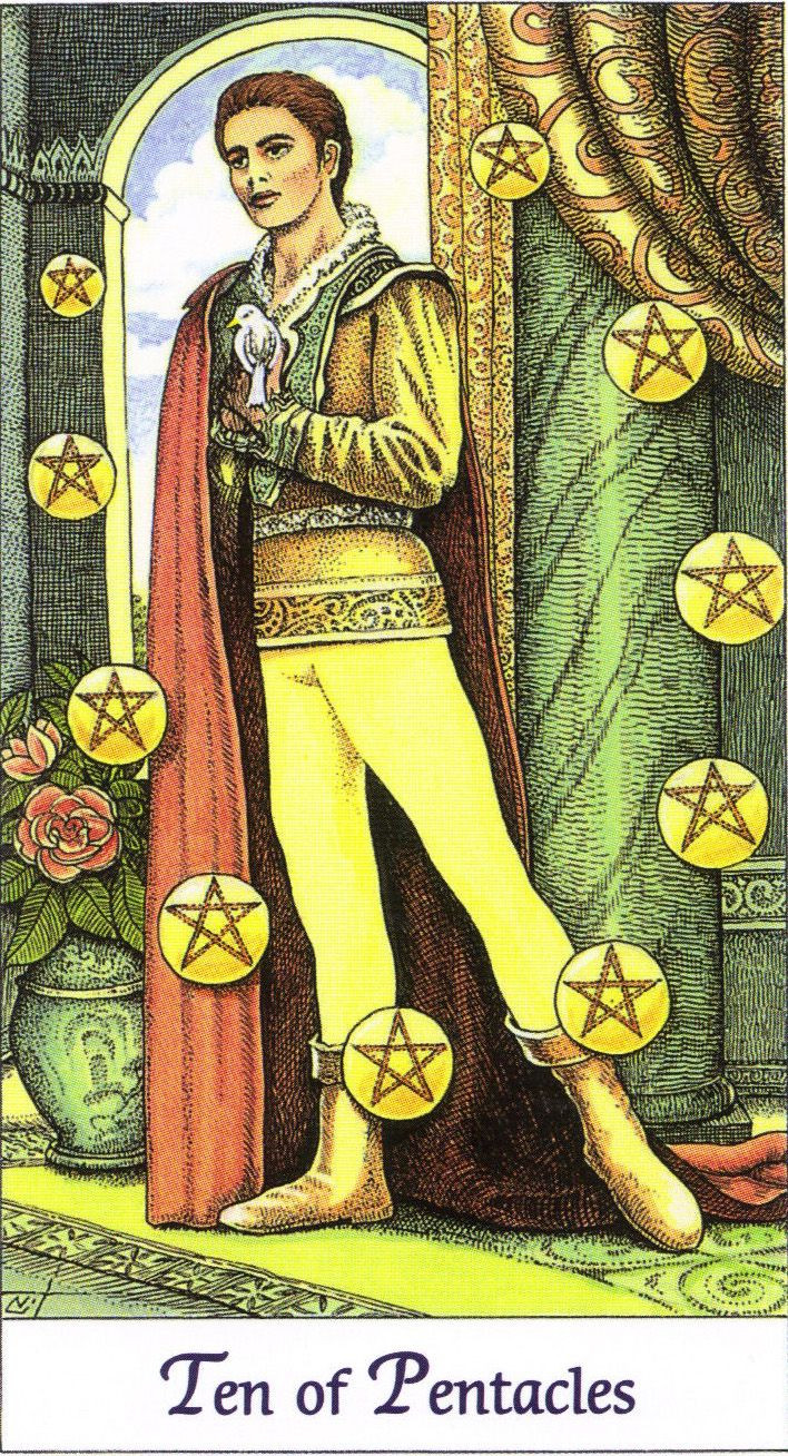 Ten of Pentacles | Cosmic Tarot by Norbert Lösche | A luxuriously dresses man holds a white bird in his hand. Meaning: riches, wealth, security, home, safety, … | 絵