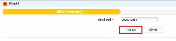 chọn tiếp tục để đăng ký tài khoản nộp thuế điện tử