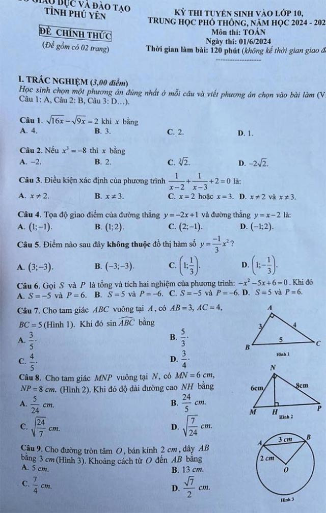 Đề thi vào 10 môn Toán Phú Yên năm 2024 - 2025