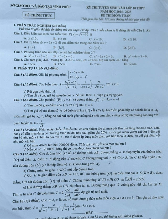 Đáp án đề thi vào lớp 10 môn Toán tỉnh Vĩnh Phúc 2024 