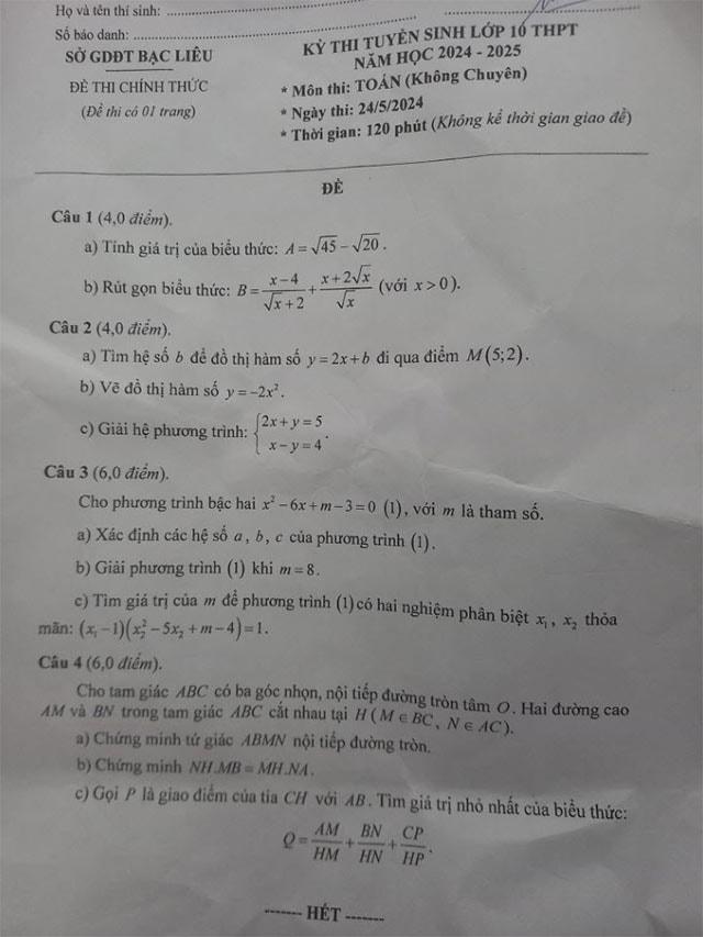Đáp án đề thi vào lớp 10 Toán tỉnh Bạc Liêu 2024 