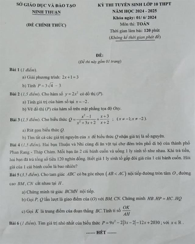 Đề thi vào 10 Toán Ninh Thuận 2024