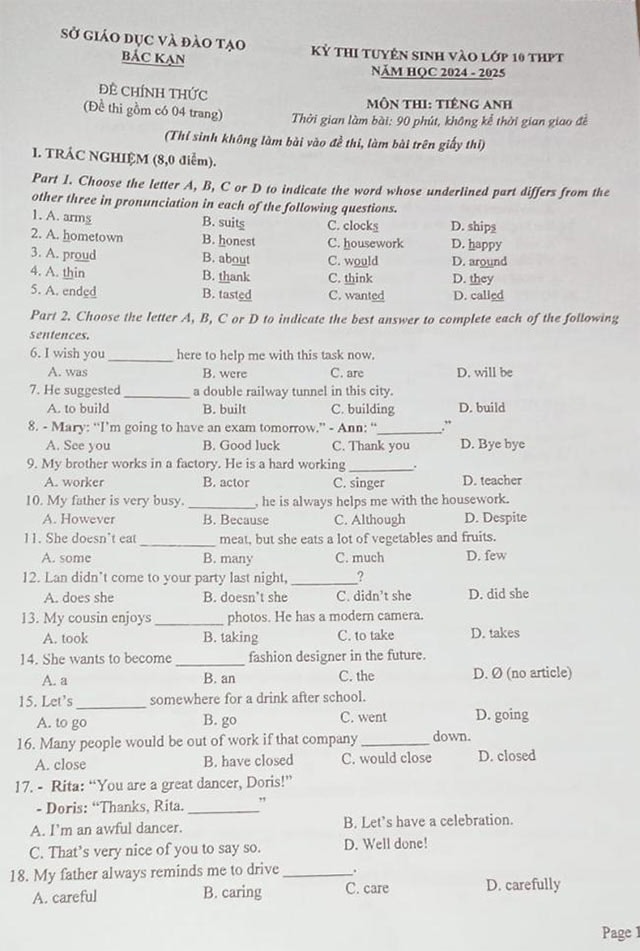 Đáp án đề thi vào lớp 10 tiếng Anh tỉnh Bắc Kạn 2024 