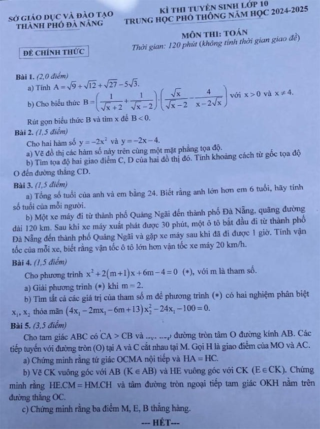 Đề thi vào lớp 10 môn Toán Đà Nẵng năm 2024 - 2025
