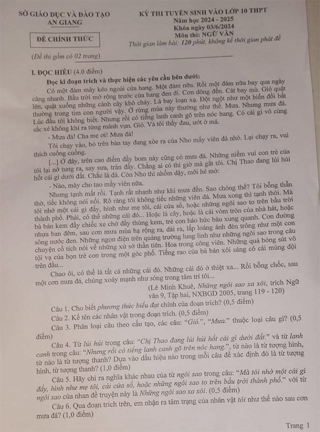 Đáp án đề thi vào lớp 10 Ngữ Văn tỉnh An Giang 2024 