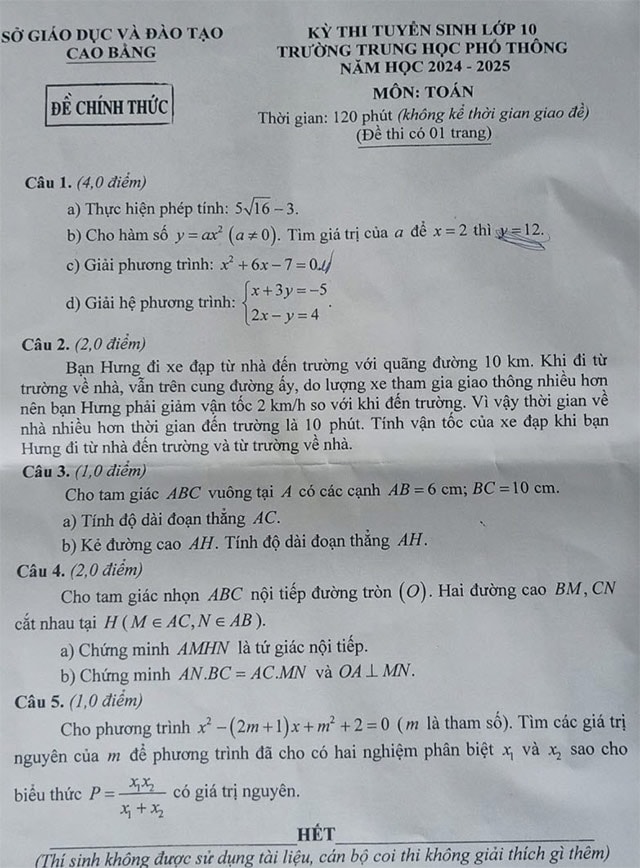 Đề thi vào lớp 10 môn Toán Cao Bằng năm 2024 - 2025