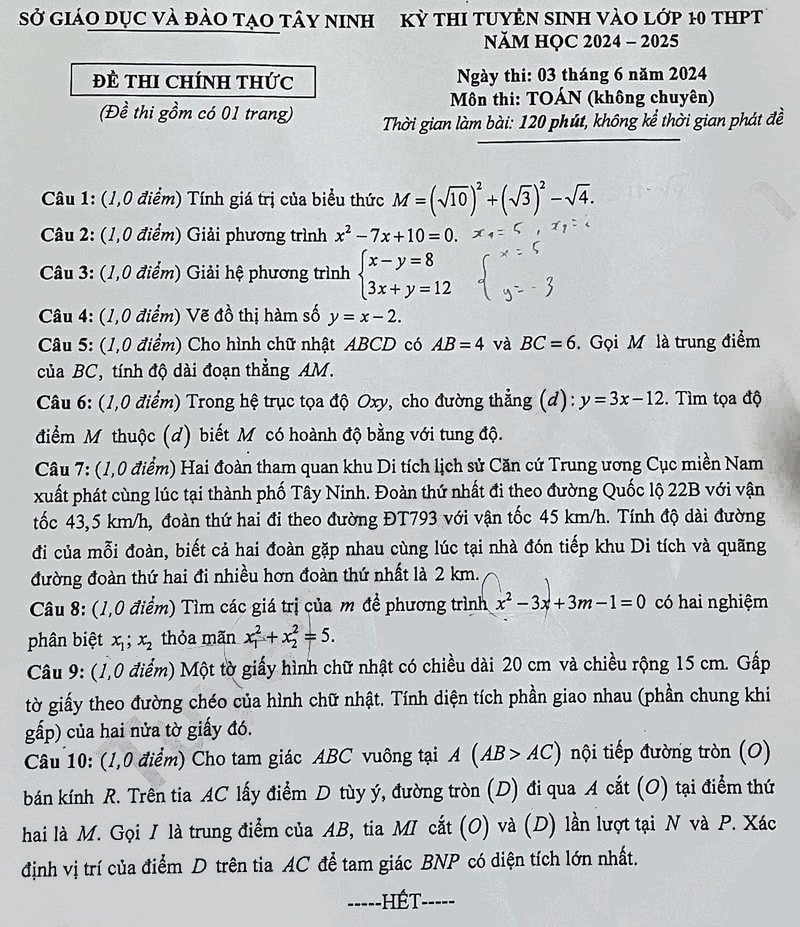 Đề thi tuyển sinh lớp 10 môn Toán Tây Ninh 2024