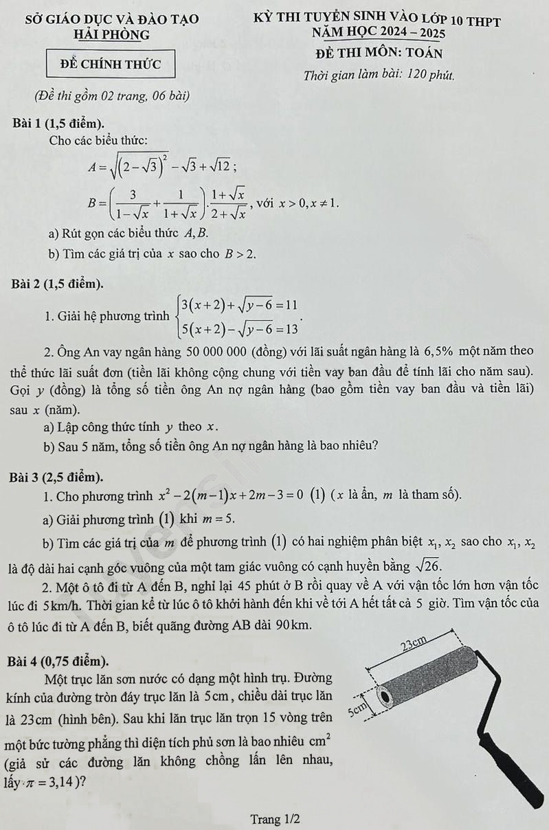 Đáp án đề thi vào lớp 10 môn Toán Hải Phòng 2024 