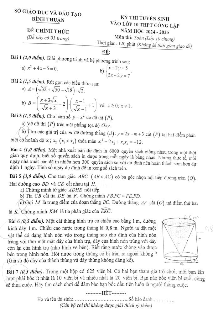 Đáp án đề thi vào lớp 10 môn Toán Bình Thuận 2024 
