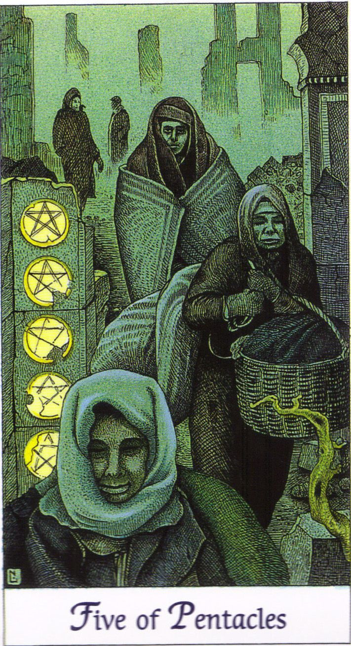 Five of Pentacles | Cosmic Tarot by Norbert Lösche | Five people walk through a gloomy landscape of ruins. Meaning: b… | Tarot, Pentacles tarot, Tarot card meanings