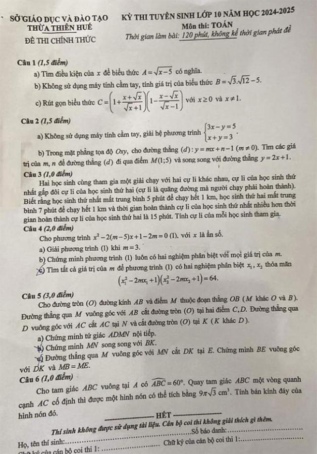 Đề thi vào lớp 10 môn Toán Thừa Thiên Huế năm 2024
