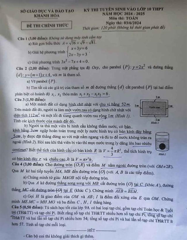 Đáp án đề thi vào lớp 10 môn Toán tỉnh Khánh Hòa 2024 