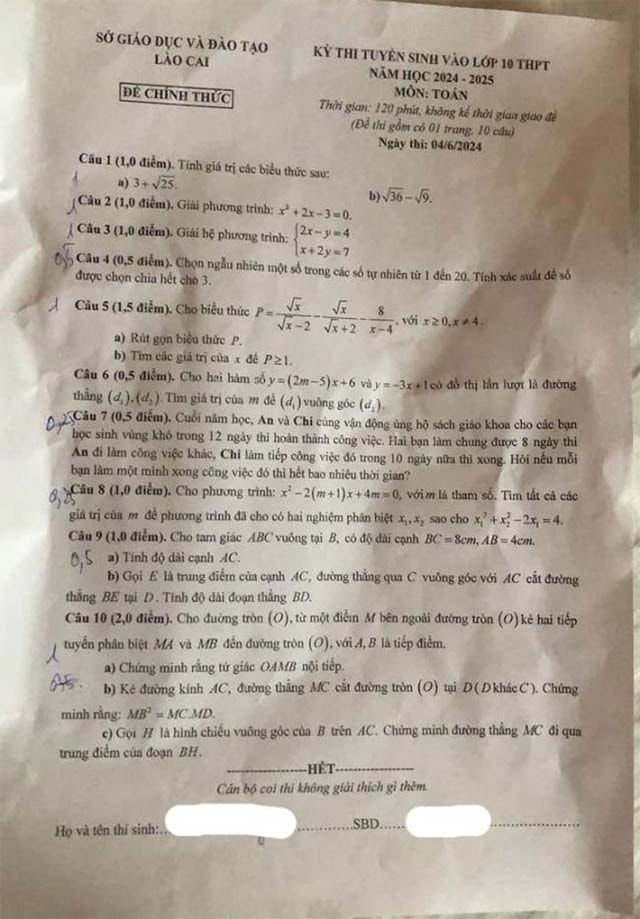 Đề thi tuyển sinh vào 10 Toán Lào Cai 2024