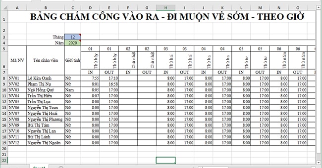 Mời tải về mẫu bảng chấm công theo giờ đầy đủ nhất