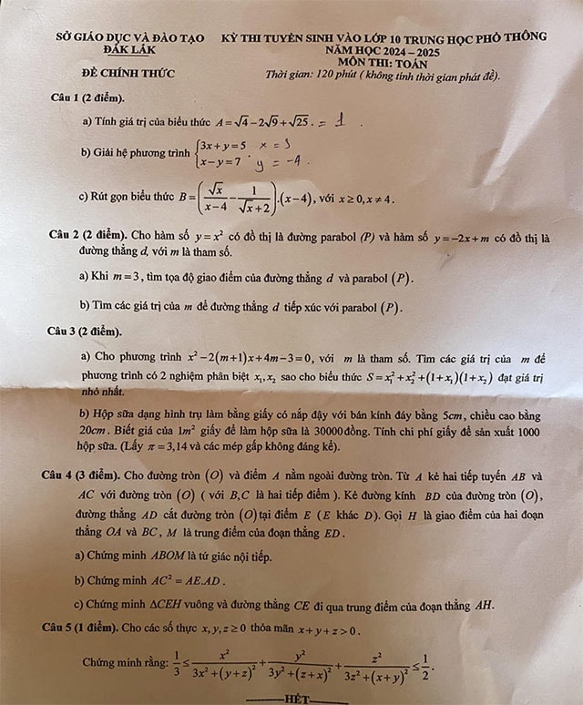 Đề thi vào lớp 10 môn Toán Đắk Lắk năm 2024