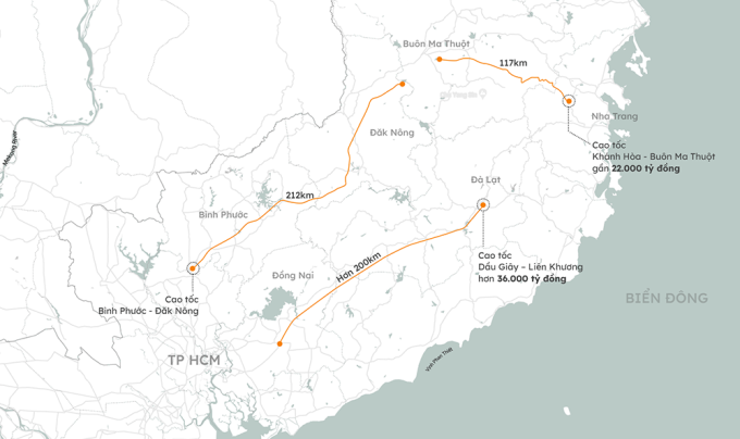 Hướng tuyến của ba dự án cao tốc ở Tây Nguyên. Đồ họa: Khánh Hoàng