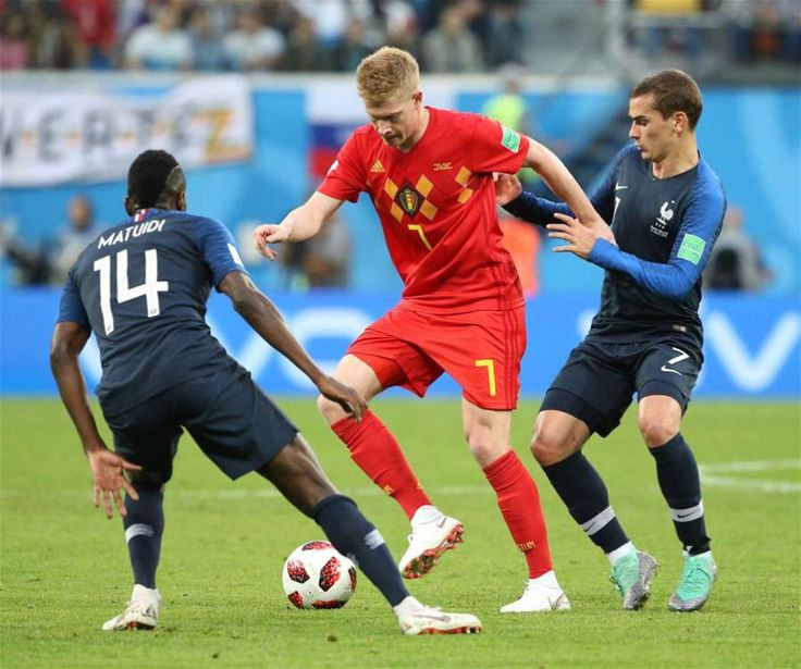 France 1 Belgium 0 in 2018 in St Petersburg. Kevin de Bruyne toys with the French defenders in the World Cup Semi Final. | France vs belgium, France vs, World cup