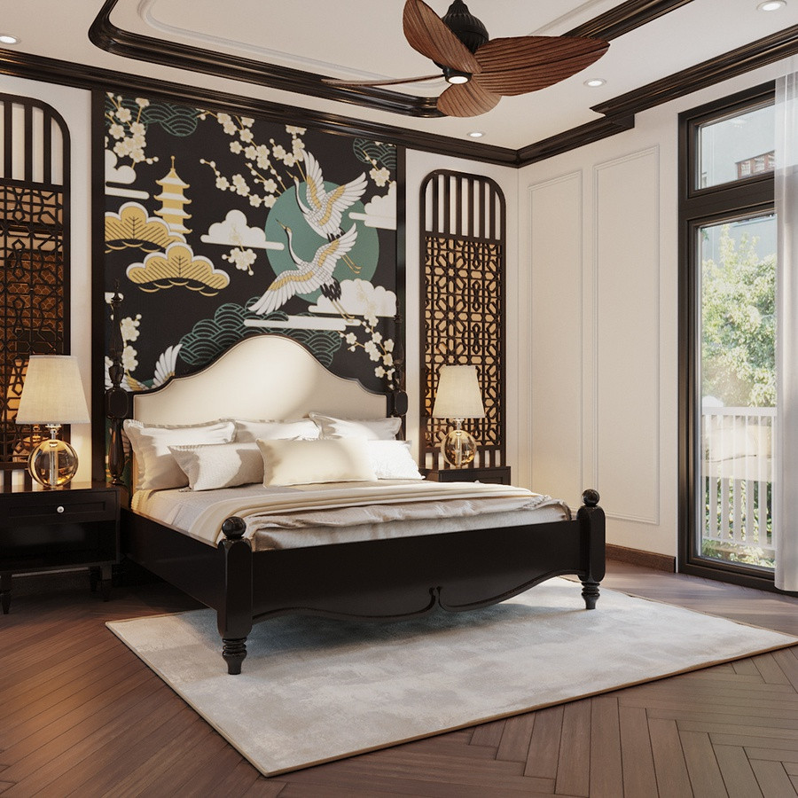 Bức tranh chim hạc mang ý nghĩa truyền thống giúp tô điểm khu vực đầu giường phòng ngủ
