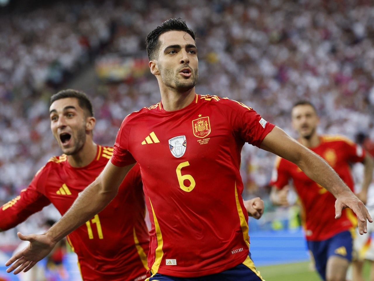 Spain's Mikel Merino celebrates scoring their second goal on July 5, 2024