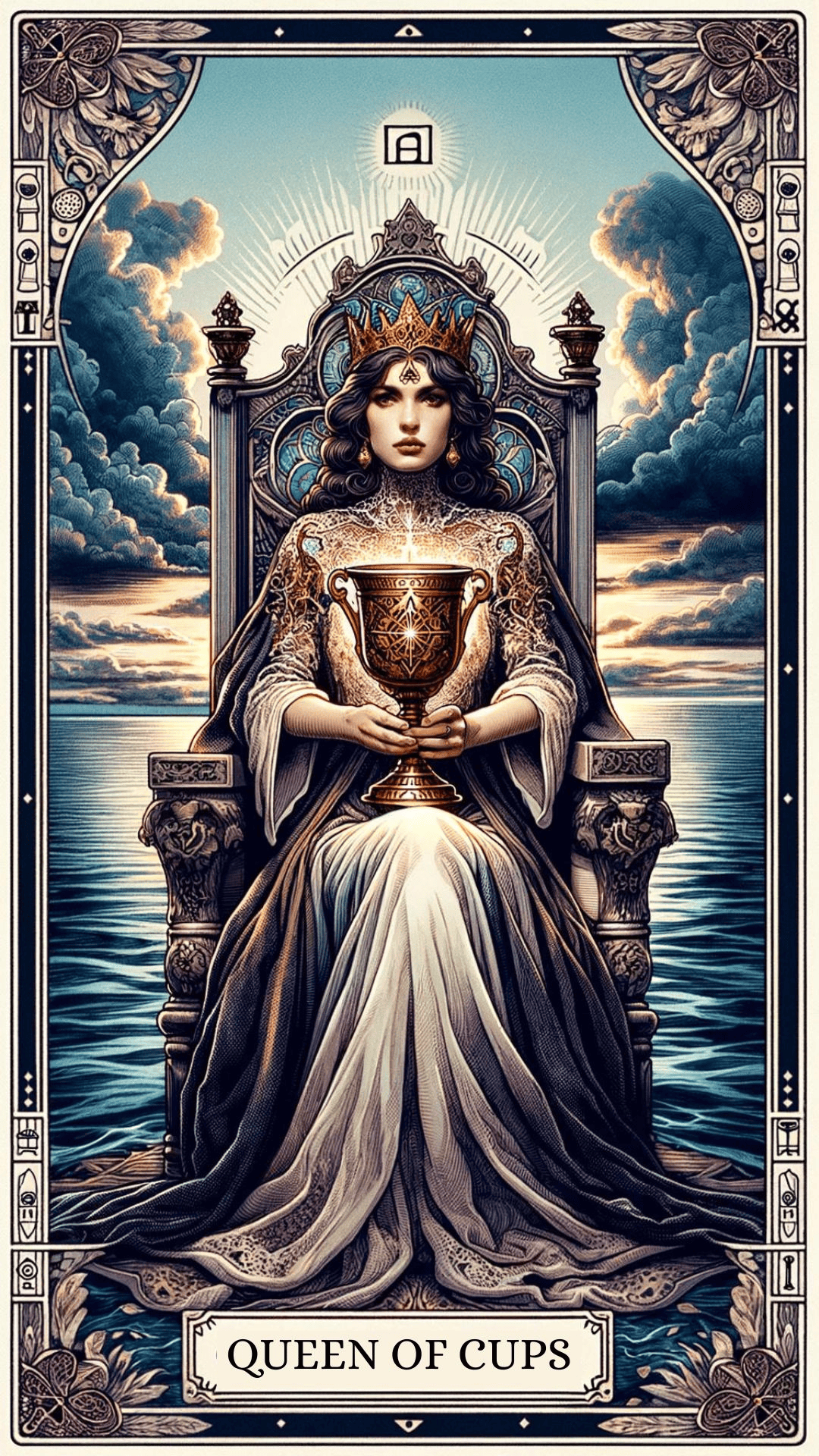 Discover the nurturing essence of the Queen of Cups Tarot card. Dive into emotional intellige... | Cups tarot, Tarot cards decks beautiful, Tarot cards art