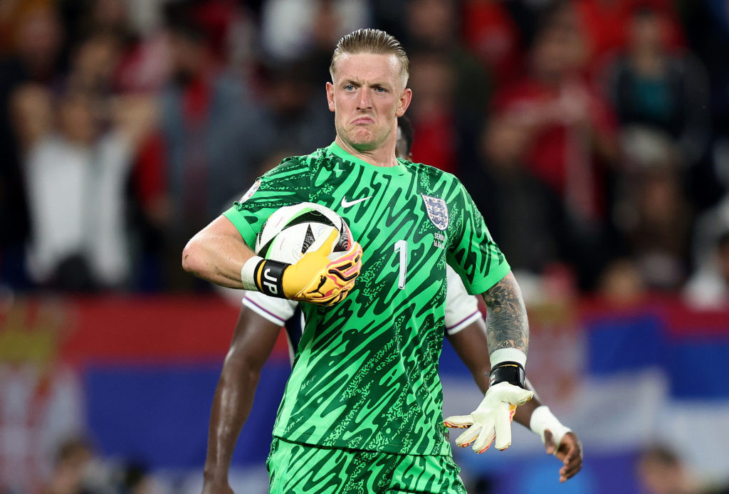 Everton's Jordan Pickford reacts after breaking another England record against Serbia at Euro 2024