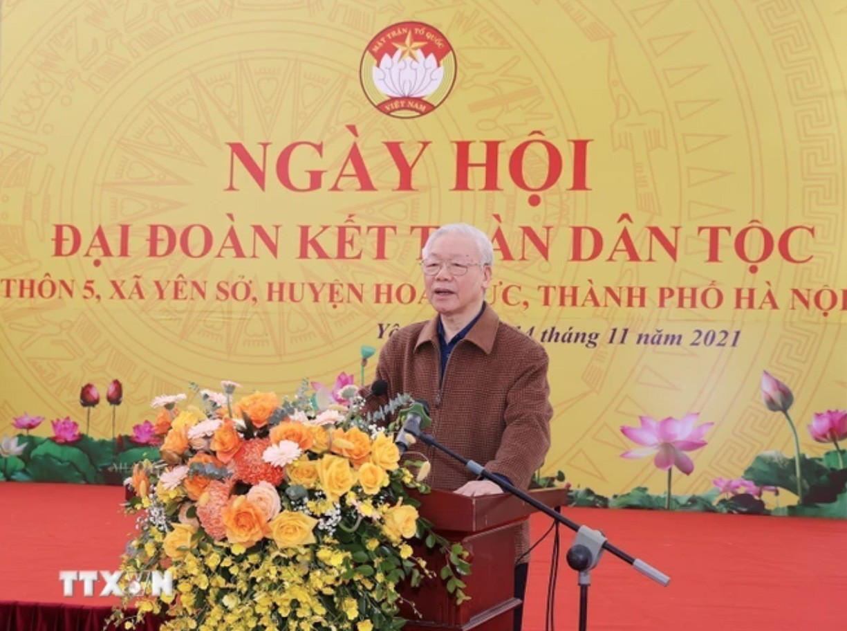 Tổng Bí thư Nguyễn Phú Trọng dự và phát biểu tại Ngày hội Đại đoàn kết toàn dân tộc ở thôn 5, xã Yên Sở, huyện Hoài Đức, thành phố Hà Nội, ngày 14/11/2021