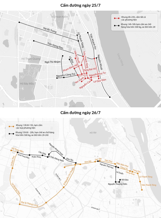 Các tuyến đường bị cấm để phục vụ Quốc tang Tổng bí thư Nguyễn Phú Trọng. Đồ họa: Đăng Hiếu