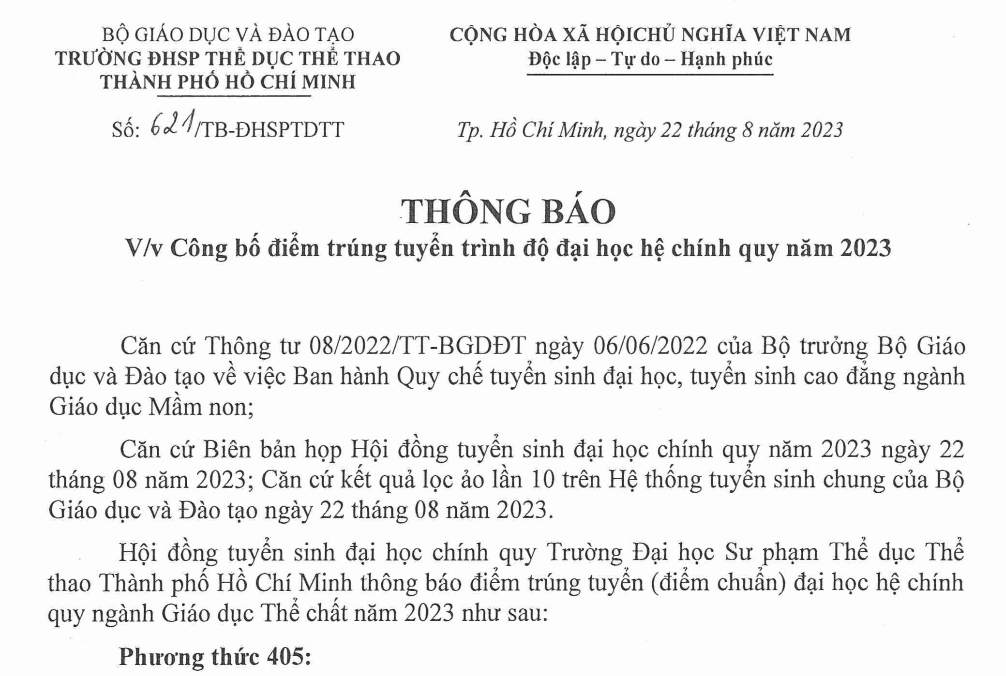 Điểm chuẩn Đại học Sư phạm Thể dục Thể thao TP.HCM 2024 (2023, 2022, ...)