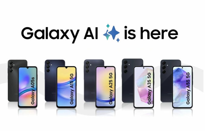 Logo Galaxy AI cùng loạt smartphone tầm trung của Samsung. Minh họa: Sammobile