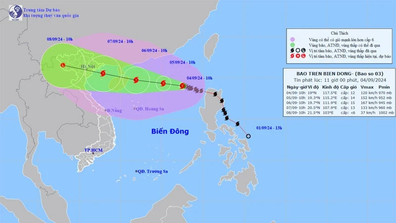 Vị trí và hướng di chuyển của bão số 3. (Nguồn: nchmf.gov.vn)