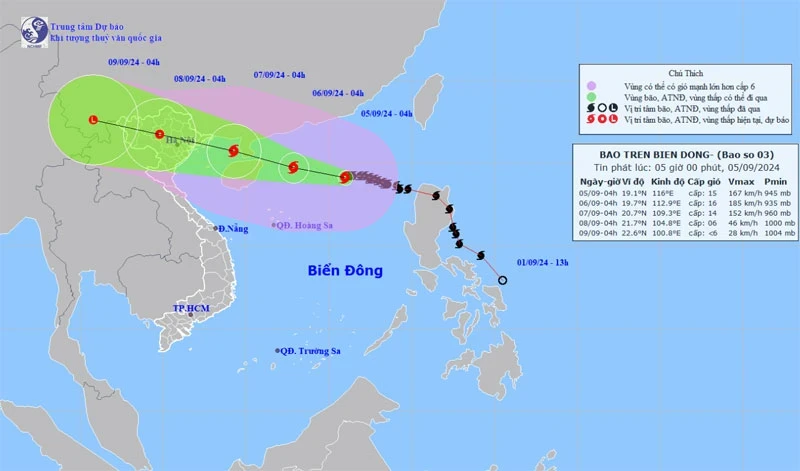 Vị trí và hướng di chuyển của bão số 3. (Nguồn: nchmf.gov.vn)