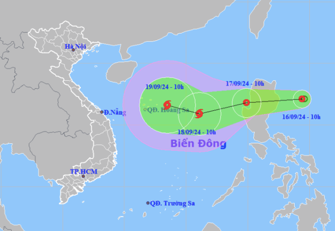 Dự bão diễn biến của áp thấp nhiệt đới sáng 16/9. Ảnh: NCHMF